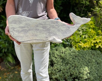 Large Wood Whale Wall Art: Neutral Coastal Decor