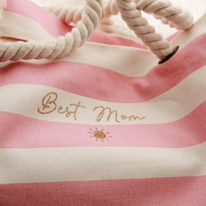 Sac de plage personnalisé en coton, rayé rose avec texte doré, idée de cadeau, cadeau maman, fête des mères