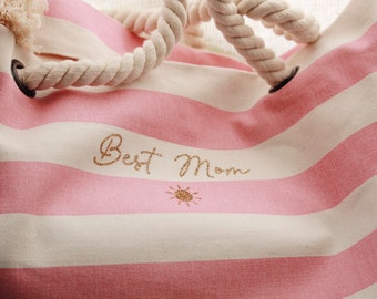 Sac de plage personnalisé rayé en coton - Fête des mères, cadeau pour elle, cadeau pour maman, sac pour les vacances