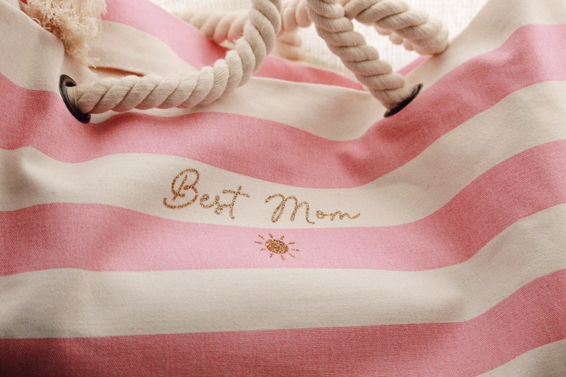 Sac de plage personnalisé en coton, rayé rose avec texte doré, idée de cadeau, cadeau maman, fête des mères