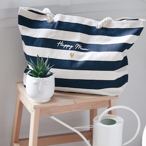 Personalisierte gestreifte Strandtasche aus Baumwolle - Muttertag, Geschenk für Sie, Geschenk für Mama, Urlaubstasche