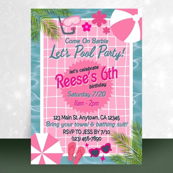 Barbie Pool Party | Barbie Birthday Invitation | Come on Barbie Let's Pool Party | Birthday Invitation | Editable Invites | Trendy Birthday