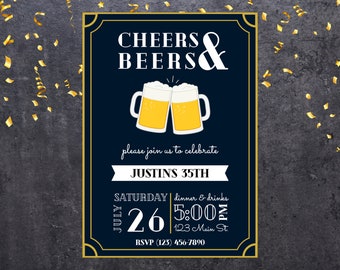 May include: A blue and gold invitation with a graphic of two beer mugs clinking. The text reads "Cheers & Beers" and "Please join us to celebrate Justin's 35th. Saturday, July 26, 5:00 PM, 123 Main St. RSVP (123) 456-7890."