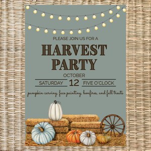 May include: A blue and white harvest party invitation with string lights, pumpkins, and a wagon wheel. The text reads "Please join us for a Harvest Party, October 12, Five O'Clock, pumpkin carving, face painting, bonfires, and fall treats."