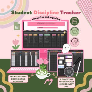 May include: A digital student discipline tracker displayed on a computer screen and tablet, featuring a spreadsheet interface with columns for student names, dates, and behaviour notes. The design includes pink accents, a coffee cup, and a magnifying glass.