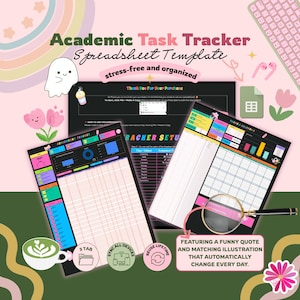 May include: An academic task tracker spreadsheet template featuring a dark interface with colorful charts, tables, and calendars. The layout includes sections for assignment tracking, subject lists, and daily schedules, accented by a magnifying glass and icons.