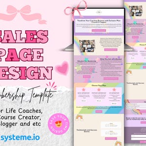 May include: A pink and purple sales page design template for life coaches, course creators, and bloggers. The design includes the text "SALES PAGE DESIGN" and "Membership Template". The website design includes a membership section.