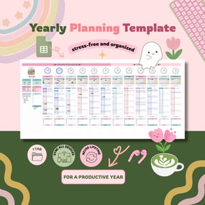 May include: A colorful yearly planning template with the text "Yearly Planning Template" and "stress-free and organized." The design includes icons, a calendar layout, and the phrase "FOR A PRODUCTIVE YEAR."