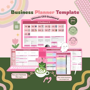 Puede incluir: Una plantilla de planificador de negocios digital rosa con el texto "Business Planner Template" y "Ultimate CEO Dashboard". La imagen incluye una computadora portátil, una tableta y un teléfono, junto con iconos y texto como "Sync All Devices".