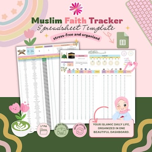 Op de afbeelding: Een digitaal Muslim Faith Tracker spreadsheet-sjabloon met een dashboard met kolommen voor dagelijkse gebeden, koranrecitatie en herinneringen. De lay-out bevat pastelkleuren, een stripfiguur en de tekst Muslim Faith Tracker.