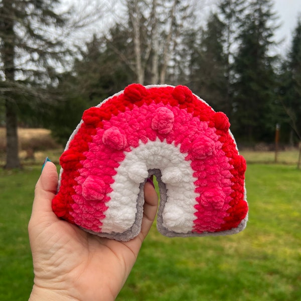 Ready to Ship Hand Crafted Crochet Bobble Rainbow Red, Pink, White, and Grey Chenille Yarn