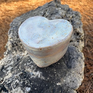 May include: A heart-shaped ceramic trinket box with a lid. The box is light blue with speckled brown spots and a glossy finish. The box is resting on a gray rock with a blurred background of brown pine needles.