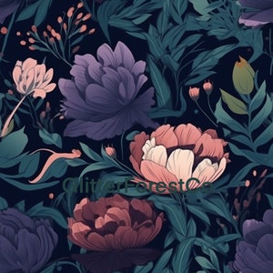 May include: A dark blue background with a floral pattern featuring pink, white, and purple flowers. The flowers are surrounded by green leaves.