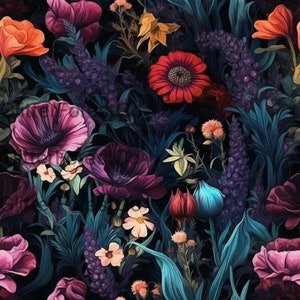 Stimmungsvolles florales nahtloses Blumenmuster, digitales Muster, digitales Papier wiederholen, Juwel Töne, düster, dunkles Blumenmuster, gruselig