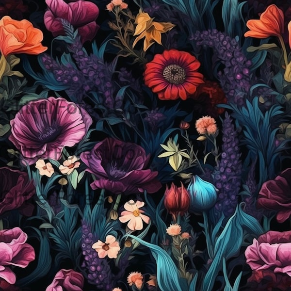 Moody Floral Seamless Flower Pattern, Digital Pattern, Repeat Digital Paper, Jewel Tones, Gloomy, Dark Floral Pattern, Spooky