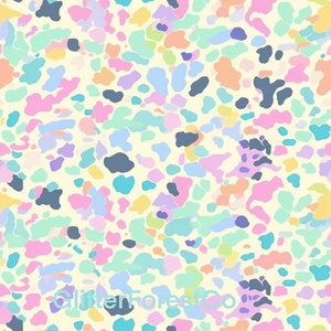 May include: A seamless pattern with a light yellow background and abstract shapes in various pastel colors, including pink, blue, green, and yellow.