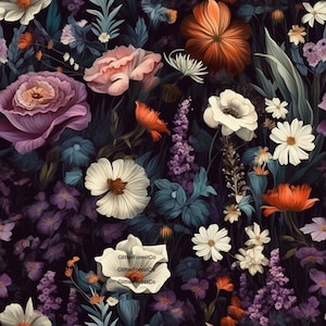 Dunkles florales nahtloses Blumenmuster, digitales Muster, Juwel Töne, Stimmungsvolle Blumen, Gothic Vintage, anpassbarer Stoff, Tapete