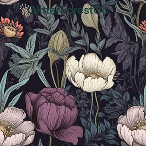 Florales nahtloses Blumenmuster, digitales Muster, gedeckte Farben, stimmungsvolles Blumenmuster, Gothic Vintage, anpassbarer Stoff, Tapete