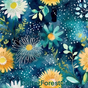 Geel en blauwgroen aquarel madeliefjes naadloze bloemenpatroon, digitale herhaling, plakboekpapier, bloemstof, aangepaste items