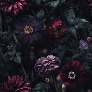 Düsteres, Stimmungsvolles Blumen Nahtloses Blumenmuster, Digitales Muster, Digitales Papier wiederholen, Juwel Töne, düster, dunkles Blumenmuster, gruselig