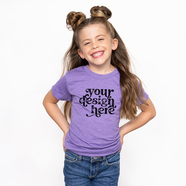 3001Y Heather Team Purple Mockup Youth - Bella Canvas 3001Y - Purple Kids T-Shirt Mockup - Blank Shirt - Youth Girls - BC3001Y