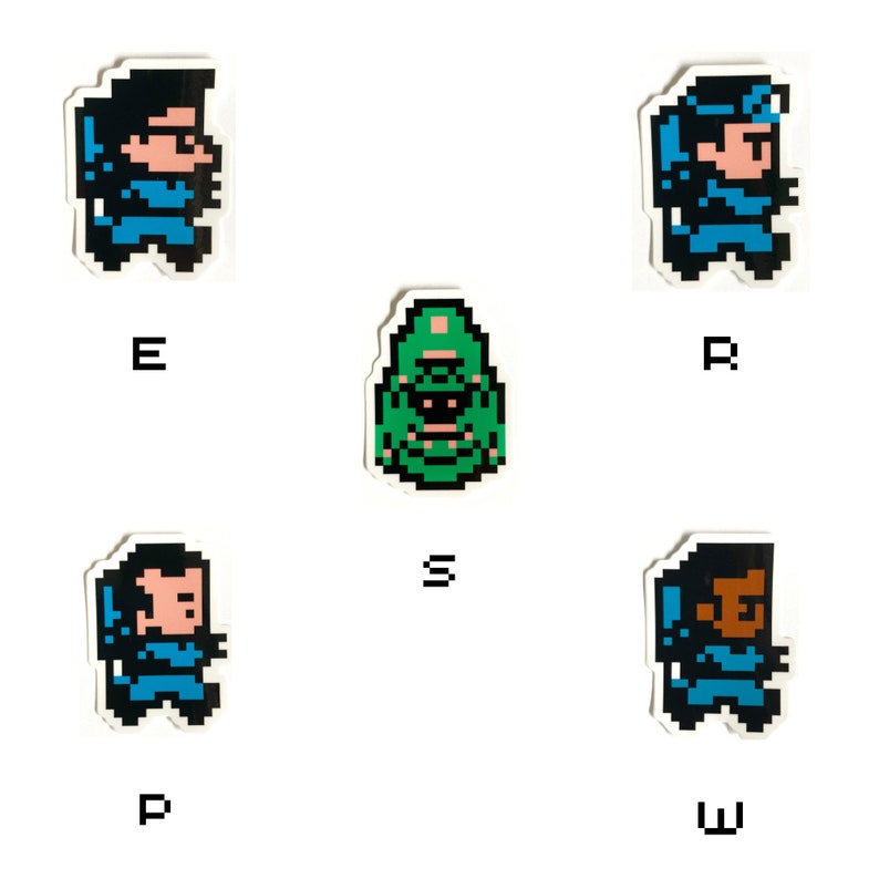 May include: Four pixel art stickers featuring characters from the video game 'Contra'. The characters are wearing blue and black outfits and are holding weapons. The stickers are arranged in a square pattern with a green pixel art monster in the center.