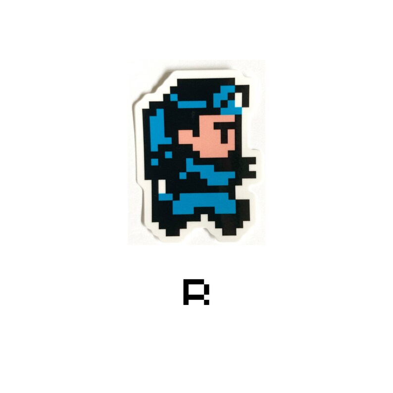 May include: A blue and black pixelated character wearing a blue hat and holding a gun. The character is standing on a white background.