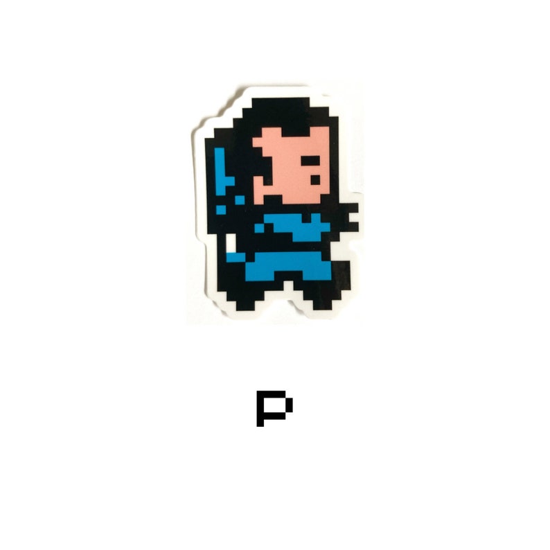 May include: A blue pixelated character with black hair and a pink face. The character is holding a sword in their right hand. The character is standing on a white background. The letter "P" is below the character.