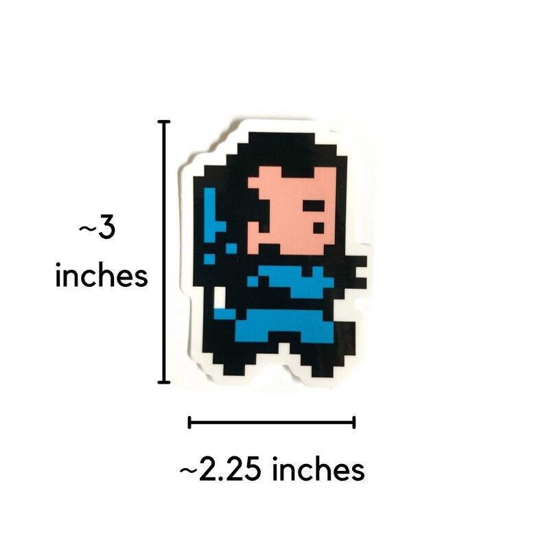 May include: A pixelated character sticker, approximately 3 inches tall and 2.25 inches wide. The character is blue, black, and pink, and is wearing a blue shirt and black pants.