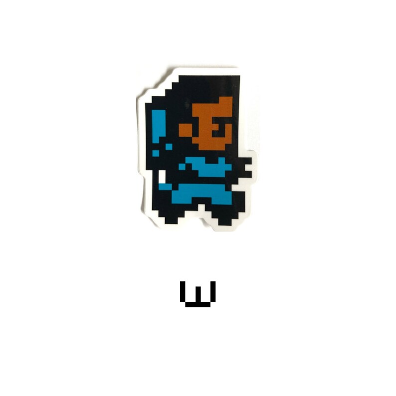 May include: Pixel art sticker of a blue and black character with brown skin and a blue background. The character is holding a blue object in their right hand. The sticker is on a white background.