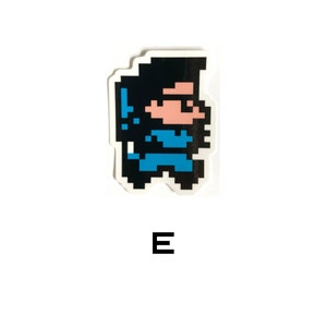 May include: A pixelated sticker of a blue and black character with a pink face and black hair. The character is wearing glasses and is holding a sword. The sticker is on a white background.