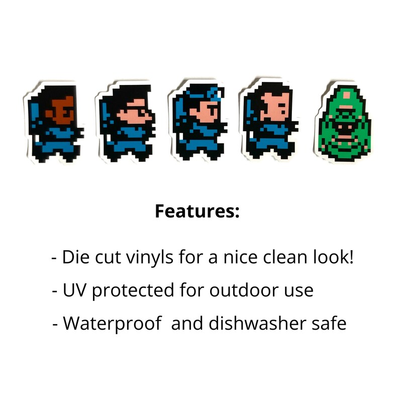 May include: Five die-cut vinyl stickers featuring pixelated characters from a video game. The characters are blue, green, and black. The stickers are waterproof and dishwasher safe.