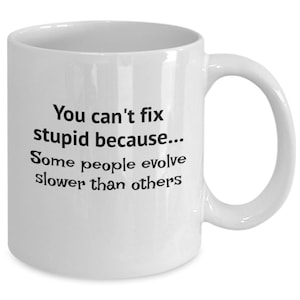 Funny You can&#39;t fix stupid coffee cup, You can&#39;t fix stupid because some people evolve too slowly coffee mug, gift for any occasion