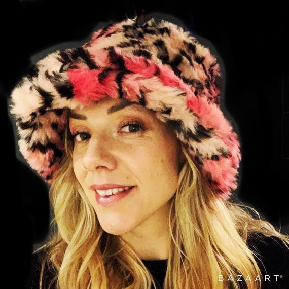 Pink Leopard Print Faux Fur Fluffy Plush Festival Statement Winter Bucket Hat Xfvqtps Womens Fulffy Bucket Hat Fuzzy Leopard Print Fashion  main image 4