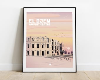 Tunisia Poster, "Amphithéatre El Jem" à el Djem, Décoration Mural, Travel poster, Art mural, Digital wall art A2, A3 & A4, Art decor print