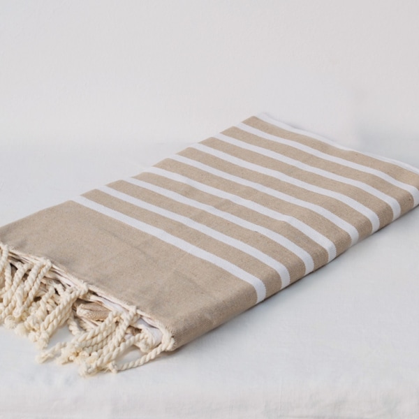 Fouta Beige Xxl – 200 cm x 100 cm – Handtuch für Hamam, Sauna, Spa, Strand oder Picknick – 100 % Baumwolle – handwerkliches Tn