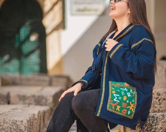 Blue Unisex Coat Berber Designs in Wool, Amazigh Blue Berber Vest, Handmade Boho Clothing, Christmas Gift, Made in Tunisia