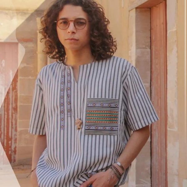 White Berber Shirt with Gray Stripes, Unisex, traditional linen shirt, handmade Berber clothing, made in Tunisia