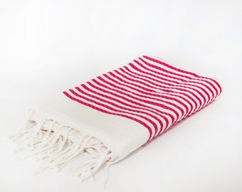 Beach Towel, Fouta Red And White Xxl - 200 Cm X 100 Cm - Towel For Hammam, Sauna, Spa Or Picnic - 100% Cotton - Artisanal