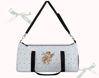 Angelcore Floral Duffel Bag, Flower Print Cottagecore Bag, Fairycore Aesthetic Gym Bag, Pastel Blue Handbag, Travel Accessory Gift For Her