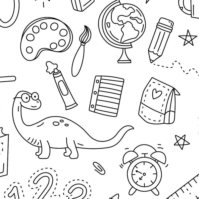 Pode incluir: Desenho de linha preto e branco de materiais escolares, incluindo um dinossauro, um globo terrestre, uma paleta de pintura, um l&aacute;pis, uma r&eacute;gua, uma mochila, um despertador e um caderno.