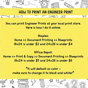 Pode incluir: Um gr&aacute;fico amarelo e preto com o texto "HOW TO PRINT AN ENGINEER PRINT" e instru&ccedil;&otilde;es sobre como imprimir impress&otilde;es de engenharia na Staples e Office Depot. O gr&aacute;fico inclui uma variedade de ilustra&ccedil;&otilde;es em preto e branco de materiais escolares.