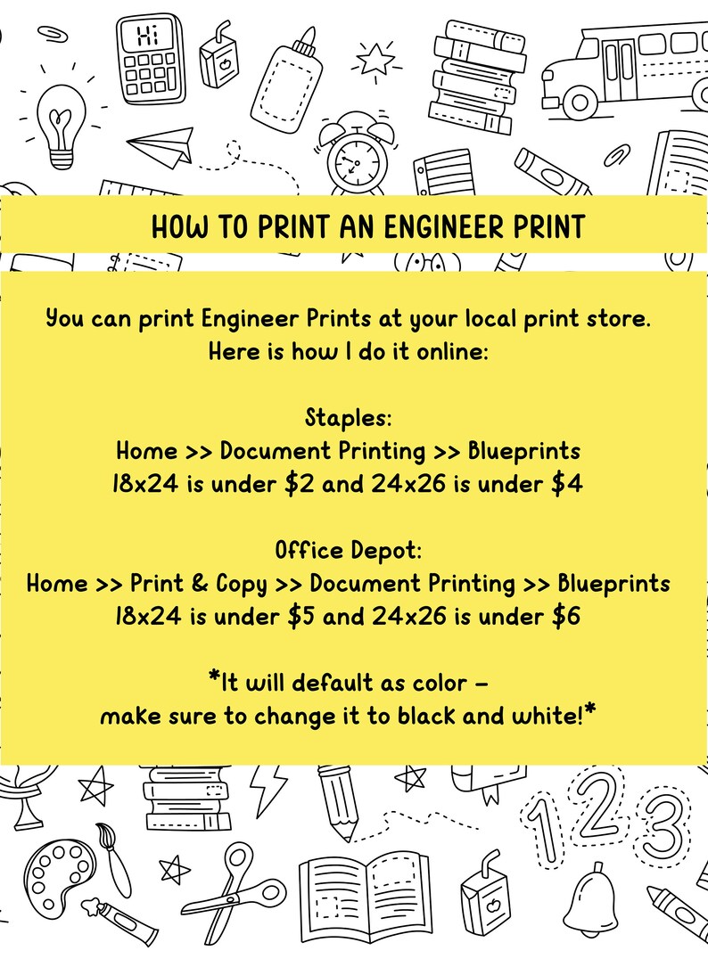 Pode incluir: Um gr&aacute;fico amarelo e preto com o texto "HOW TO PRINT AN ENGINEER PRINT" e instru&ccedil;&otilde;es sobre como imprimir impress&otilde;es de engenharia na Staples e Office Depot. O gr&aacute;fico inclui uma variedade de ilustra&ccedil;&otilde;es em preto e branco de materiais escolares.