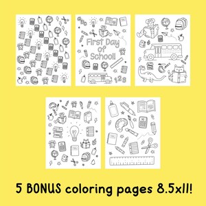 Pode incluir: Cinco p&aacute;ginas para colorir em preto e branco com ilustra&ccedil;&otilde;es de tem&aacute;tica escolar. As p&aacute;ginas incluem um &ocirc;nibus escolar, livros, l&aacute;pis, uma l&acirc;mpada, um gato, um dinossauro, uma r&eacute;gua, tesouras e muito mais. O texto "First Day of School!" aparece em uma das p&aacute;ginas.