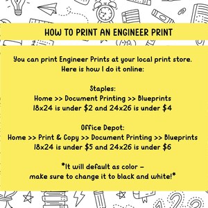Pode incluir: Um gr&aacute;fico amarelo e branco com texto preto que explica como imprimir impress&otilde;es de engenharia na Staples e Office Depot. O texto diz "Home >> Impress&atilde;o de documentos >> Impress&otilde;es" e "18x24 est&aacute; abaixo de 2 &euro; e 24x26 est&aacute; abaixo de 4 &euro;". Tamb&eacute;m diz "*Ele ser&aacute; configurado por padr&atilde;o como cor - certifique-se de alter&aacute;-lo para preto e branco!*".