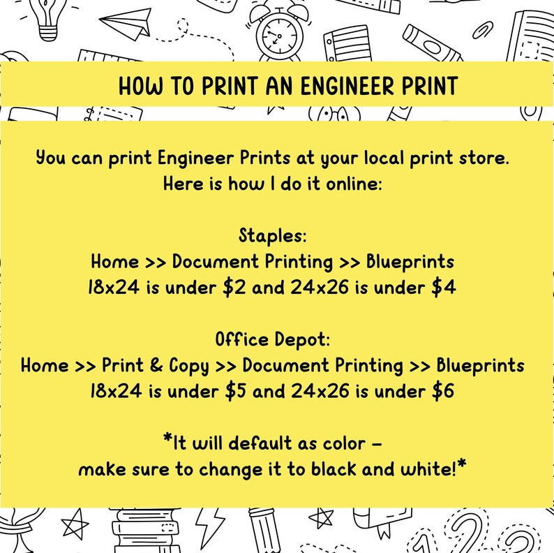 Pode incluir: Um gr&aacute;fico amarelo e branco com texto preto que explica como imprimir impress&otilde;es de engenharia na Staples e Office Depot. O texto diz "Home >> Impress&atilde;o de documentos >> Impress&otilde;es" e "18x24 est&aacute; abaixo de 2 &euro; e 24x26 est&aacute; abaixo de 4 &euro;". Tamb&eacute;m diz "*Ele ser&aacute; configurado por padr&atilde;o como cor - certifique-se de alter&aacute;-lo para preto e branco!*".