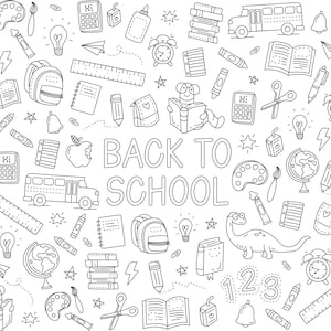 Pode incluir: Ilustra&ccedil;&atilde;o de rabiscos em preto e branco de materiais escolares, incluindo um &ocirc;nibus escolar, livros, l&aacute;pis, um globo terrestre, uma r&eacute;gua, uma mochila, uma calculadora, uma l&acirc;mpada, uma paleta de tinta, um gato, um dinossauro e as palavras "De volta &agrave;s aulas".