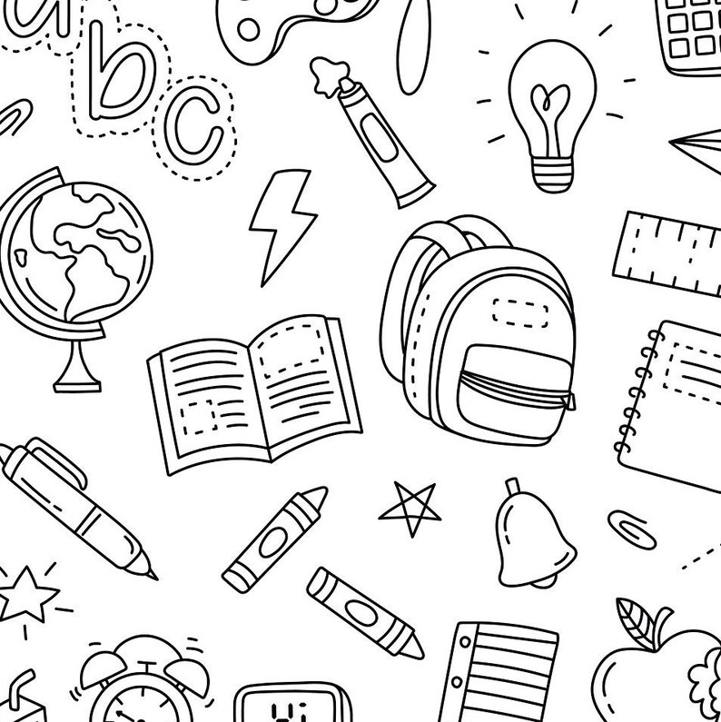 Pode incluir: Desenho de linha preto e branco de materiais escolares, incluindo um globo terrestre, uma mochila, um livro, l&aacute;pis de cor, uma l&acirc;mpada, uma r&eacute;gua, um sino, um caderno, uma ma&ccedil;&atilde; e um despertador.