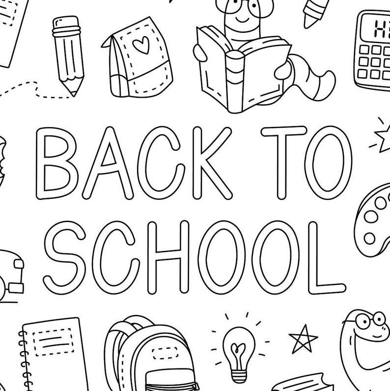 Pode incluir: Ilustra&ccedil;&atilde;o de linha preta e branca de materiais escolares, incluindo um l&aacute;pis, uma mochila, um livro, uma calculadora, uma paleta de tinta, uma l&acirc;mpada e uma estrela. O texto "BACK TO SCHOOL" est&aacute; no centro da imagem.