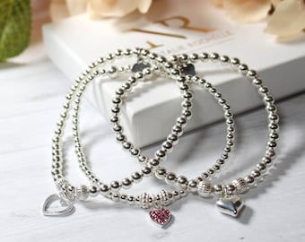 Sterling Silver Heart Charm Bracelet Stack - Beaded Trio